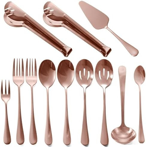 Rose Gold Buffet Party Serving Utensils Set 12 Pieces Copper Stainless Steel Flatware Silverware ... | Amazon (US)