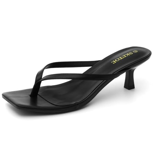 SKETOE Kitten Heels for Women Square Toe Sandals Flip Flop Heels Thong Sandals Comfortable Summer 2 Inch Heels Sandals Black | Amazon (US)