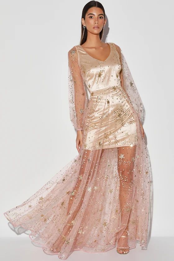 Sweet as Stars Gold Glitter Pink Mesh Long Sleeve Maxi Dress | Lulus (US)