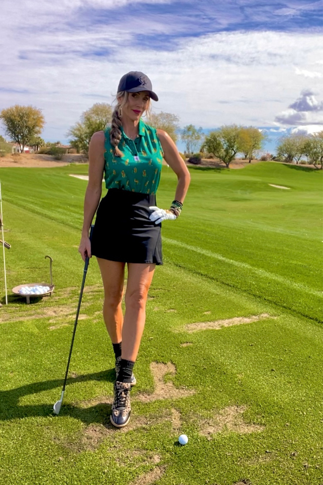 Golf time! Perfect golf attire for desert golf. Green polo with cheetahs, black skirt, cheetah shoes.
Polo-SML from smoke show golf co
Hat-SML black clover usa 15% off on website 15KATANA 
#golf #golffashion

#LTKFitness #LTKFindsUnder50 #LTKMostLoved