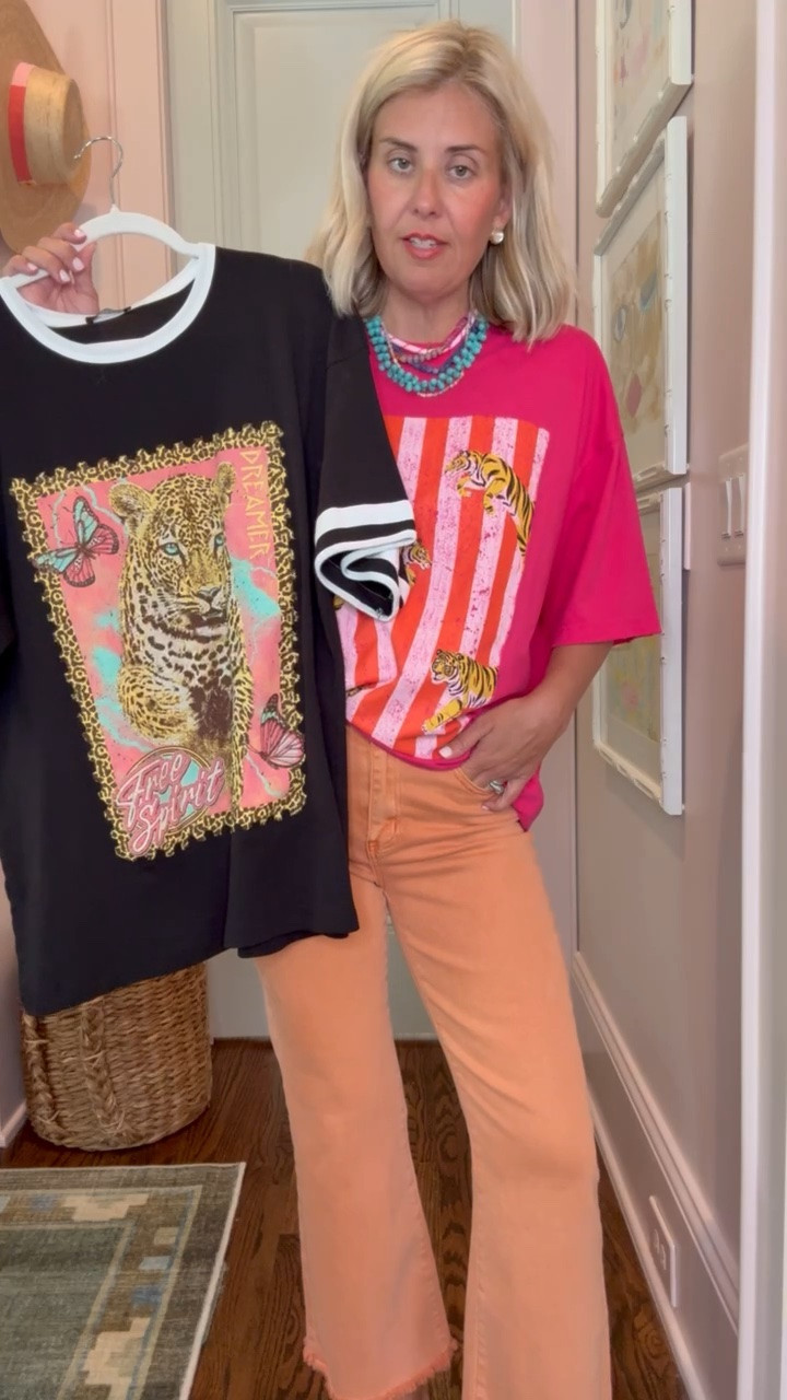 Can you say go big orange! These jeans are so cute!! !! The Willow Tree has the best graphic tees!! I’m in small tees & small jeans  and 7 sandals (size 1 down). 
Sizing: 
Black Tee - small
Pink Tee - s/m
Ivory top - small
White Jeans - 25
Pink Pants - small 
Orange Jeans - small 
Sleeveless Tops- small 
Red Striped Pants - small

#LTKdayinmylife #LTKmomlife #LTKstorytime