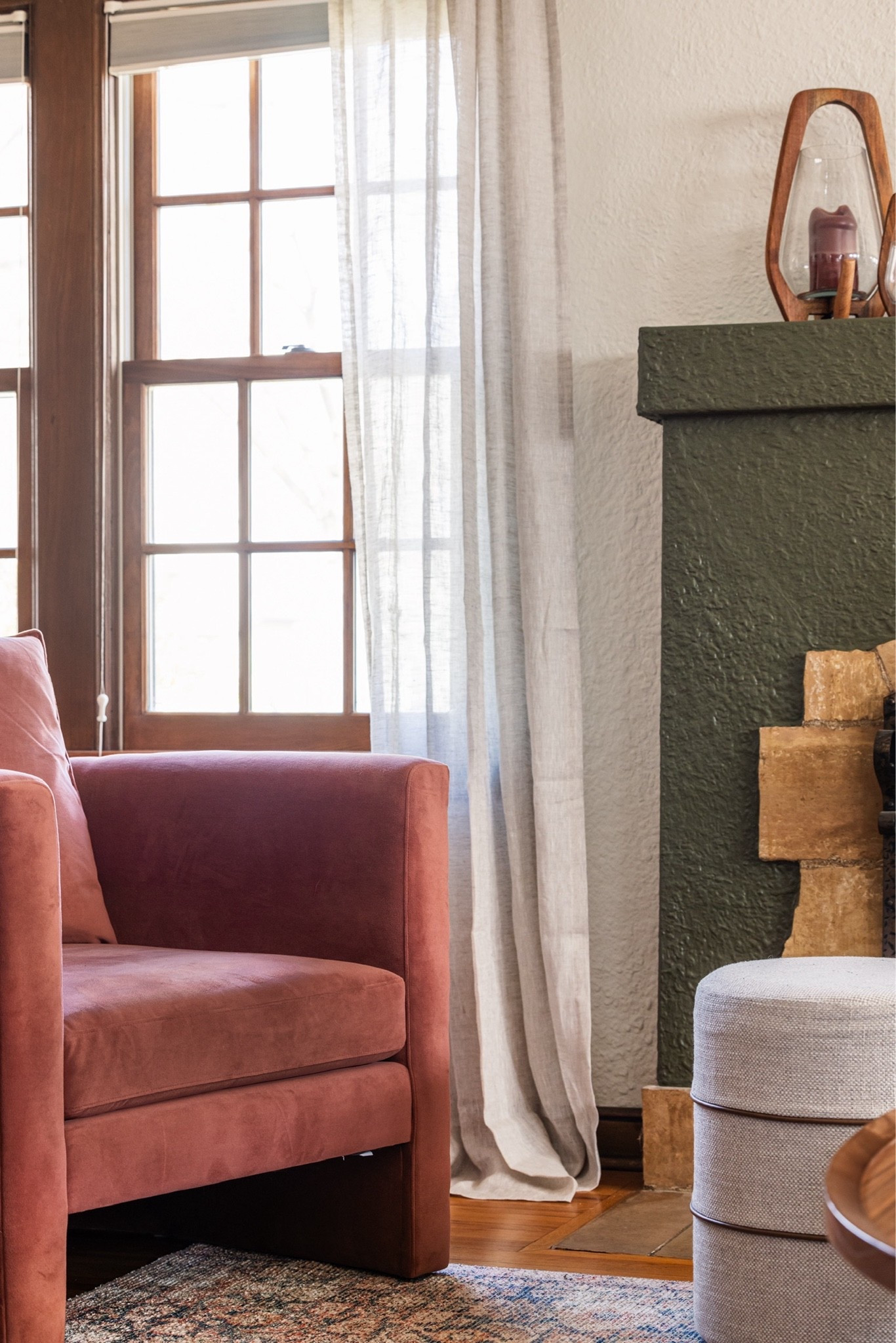 The living room curtains everyone asks about. Sheer linen in a warm flax hue, floor-to-ceiling. The most affordable upgrade in this whole room. 

 #LTKHome