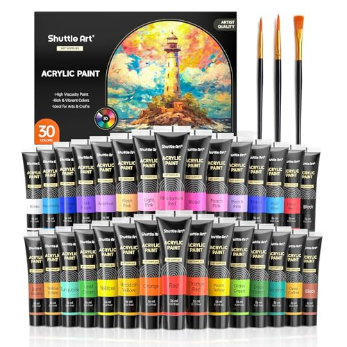 Shuttle Art 30 Colors Acrylic Paint Set, 36ml Tubes with 3 Brushes, Artist Grade Acrylic Paint, for Kids Adults Beginners, Painting on Crafts Canvas Wood Rocks | Amazon (US)