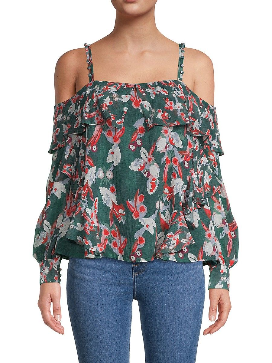 Tanya Taylor Women's Floral Ikat Gauze Daisy Silk Cold Shoulder Top - Hunter Green - Size 0 | Saks Fifth Avenue OFF 5TH