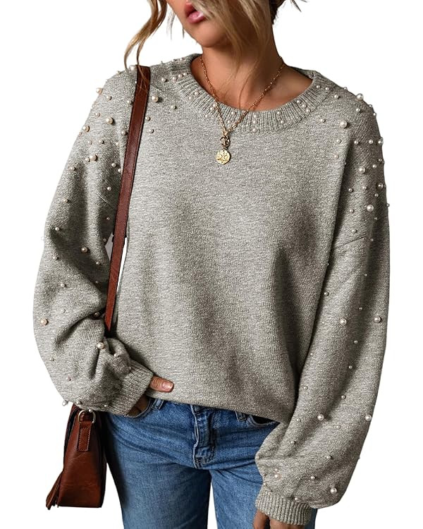 Womens Fashion Pearled Sweater Crew Neck Drop Shoulder Casual Long Sleeve Pullover Sweaters Blous... | Amazon (US)