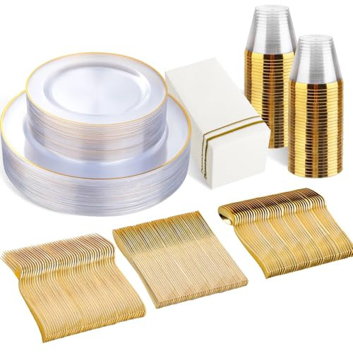 SUT 175 PCS Clear and Gold Plastic Plates, Plates Disposable Heavy Duty for 25 Guests, Disposable Plates for Party and Wedding, Party plates and Cups and Napkins Sets, Plastic plates Disposable | Amazon (US)
