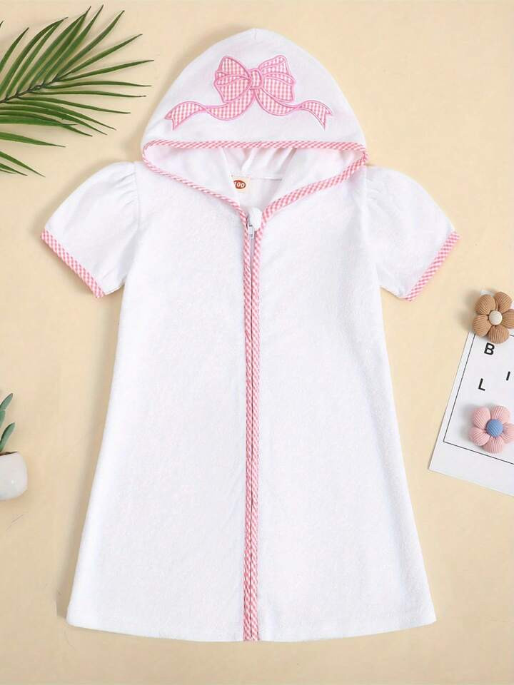 Batas Con Capucha Con Cremallera Para Niños, Batas De Playa Con Bordado De Moño/Elefante Y Manga Corta | SHEIN