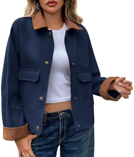 Oymyakon Women Cropped Jacket Contrast Collar Utility Coat Button Down Barn Jacket Fall Casual Ca... | Amazon (US)