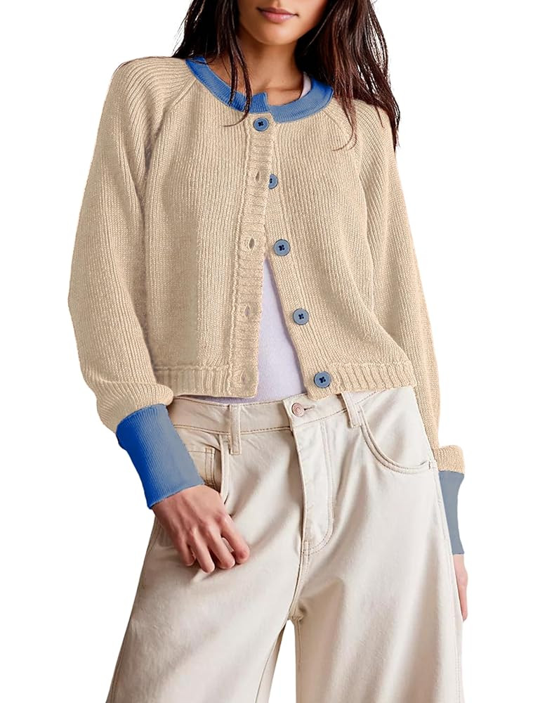 PUWEI Women's Color Block Cardigan Sweaters Button-Up Long Sleeve Cropped Knited Jacket Casual Ro... | Amazon (US)
