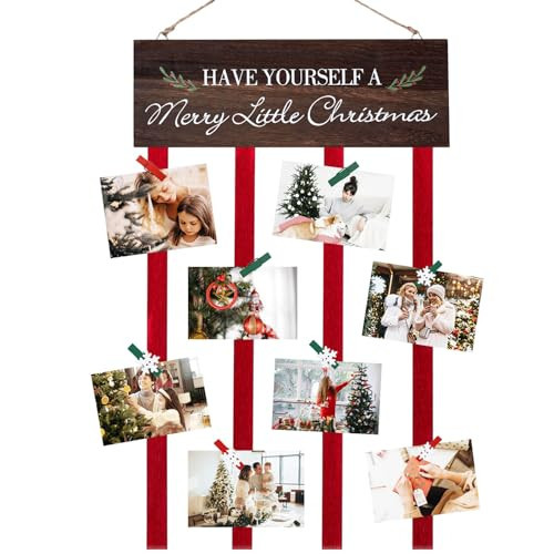 Christmas Card Holder Display, Merry Christmas Wooden Hanging Picture Holders, Xmas Card Display with 24 Photo Clips, Xmas Wall Door Window Home Decor | Amazon (US)