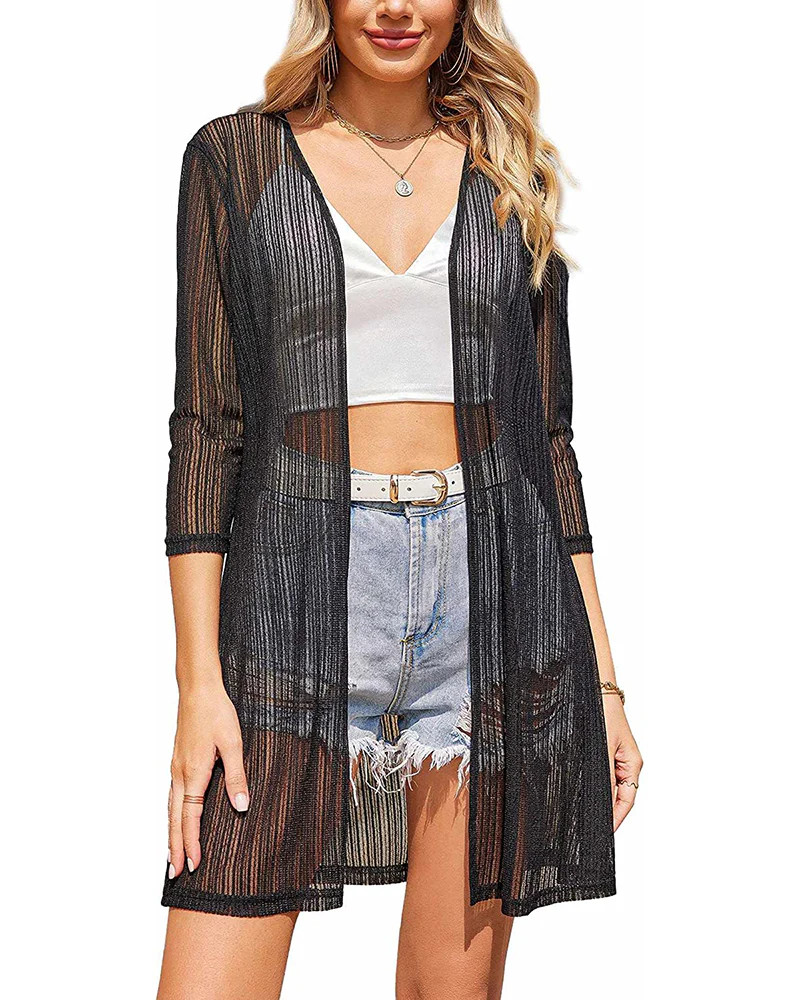 Zeagoo Women's Lace Cardigan 3/4 Sleeve Open Front Kimono Coverup See Through Cover Up for Swimwe... | Zeagoo