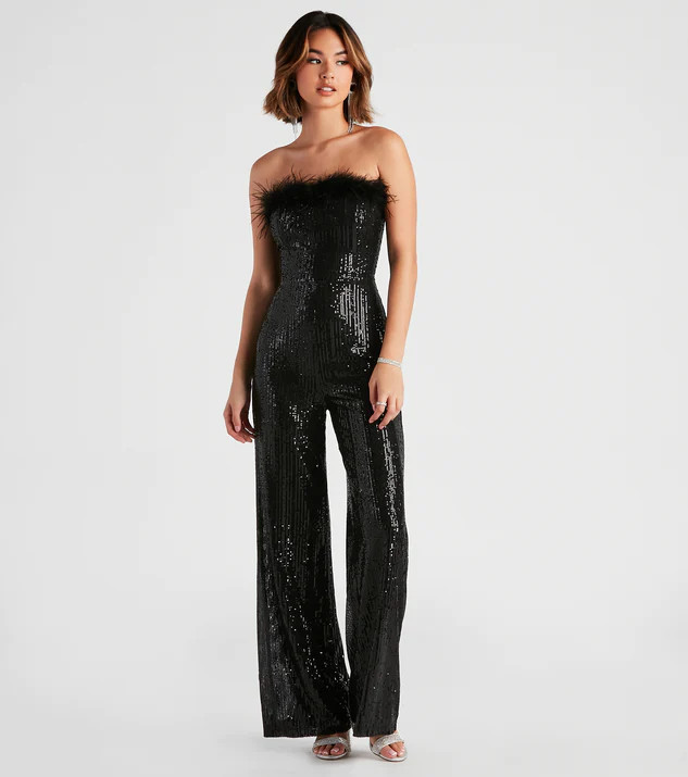 Always Fabulous Feather-Trim Sequin Jumpsuit | Windsor Stores