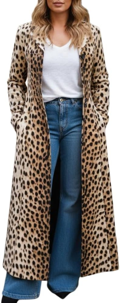 Women's Leopard Print Long Trench Coat Lapel Open Front Slim Fit Maxi Length Fall Winter Trendy O... | Amazon (US)