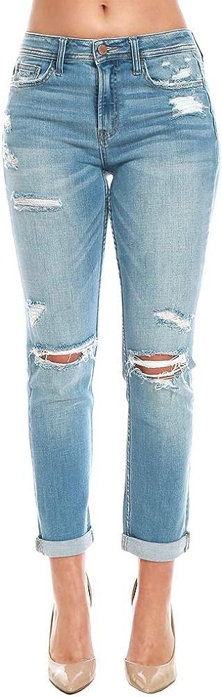 Flying Monkey Boyfriend Fit Denim Jeans Mid-Rise Distressed Blue | Amazon (US)