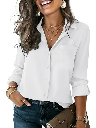 HOTOUCH White Button Down Shirt Womens Dressy Casual Long Sleeve Blouse V Neck Collared Summer Outfits S | Amazon (US)