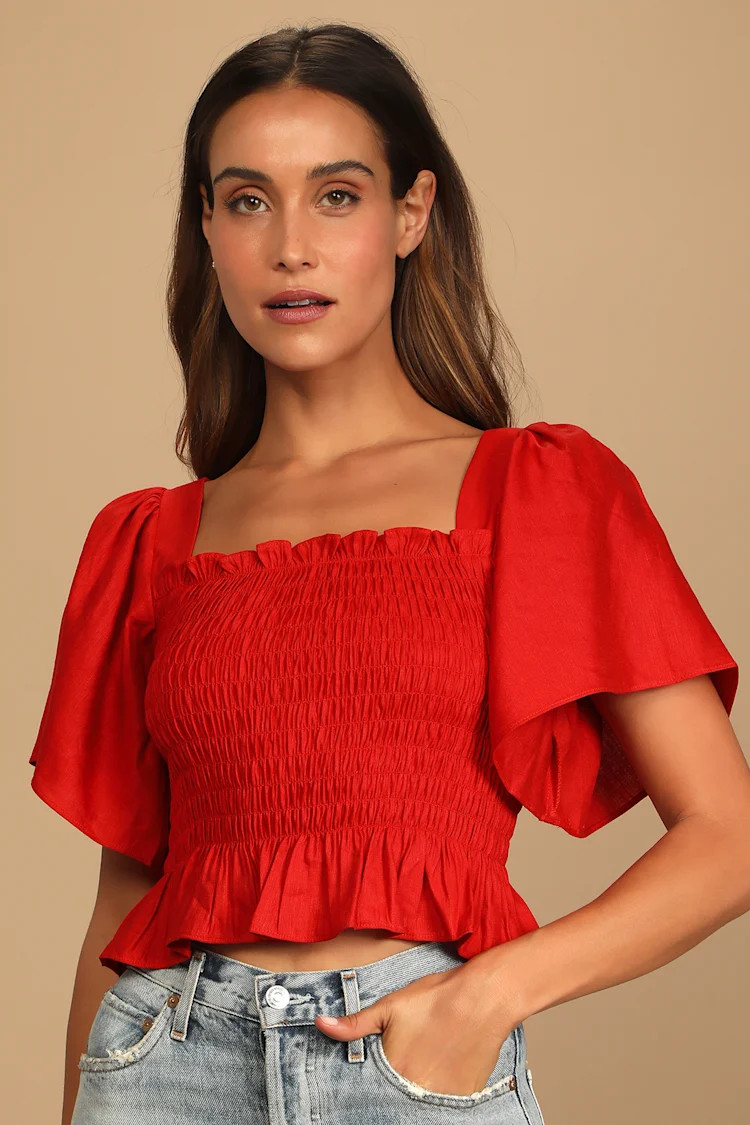 Your Sunshine Red Smocked Flutter Sleeve Top | Lulus (US)