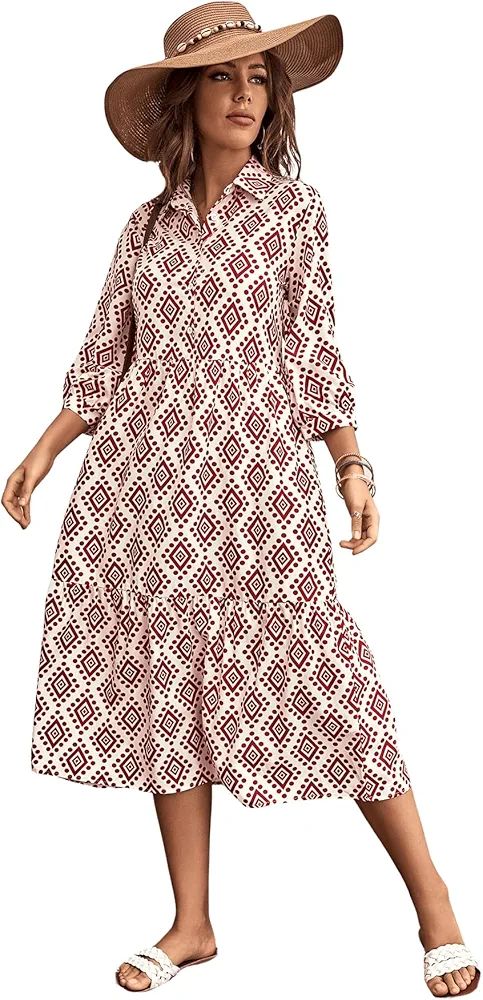 SweatyRocks Women's Geo Print Long Sleeve Button Front Midi Dress Flared Shirt Dresses | Amazon (US)
