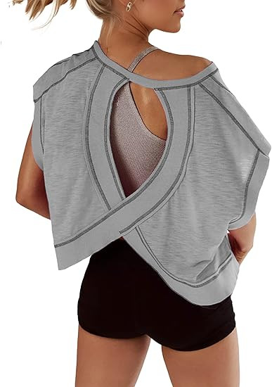 Open Back Tops for Women Oversized Short Sleeve Workout T Shirts Backless Y2k Athletic Crop Runni... | Amazon (US)