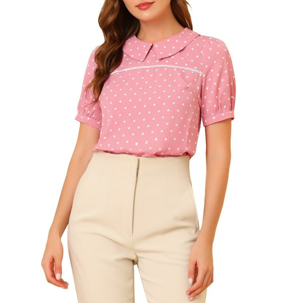 Allegra K Women's Heart Shirt Sweet Peter Pan Collar Puff Short Sleeve Blouse Tops | Walmart (US)