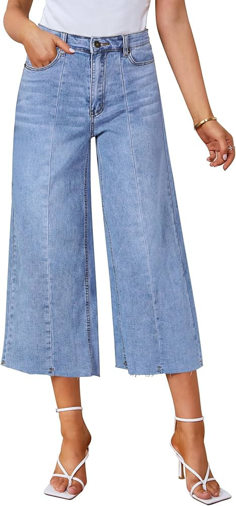 GRAPENT Jean Capris for Women Wide Leg Jeans High Waisted Seamed Front Raw Hem Denim Capri Pants ... | Amazon (US)