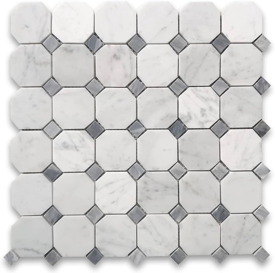 Carrara White Marble 2 inch Octagon Mosaic Tile w/Bardiglio Gray Dots Honed Kitchen Bath Wall Flo... | Amazon (US)