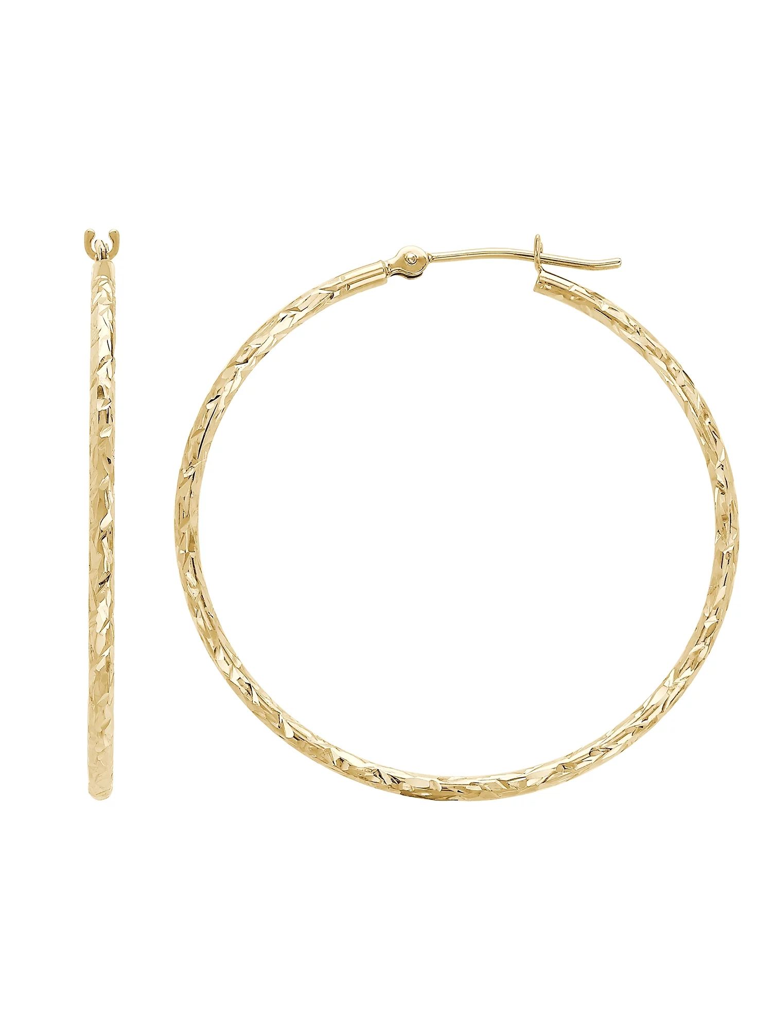 Brilliance Fine Jewelry 10K Yellow Gold 1.52MM x 35MM Hollow Round Diamond-Cut Hoops Earrings | Walmart (US)