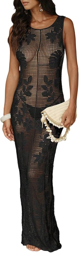 WDIRARA Women's Floral Crochet Sheer Cover Up Maxi Beach Dress Hollow Out Sleeveless Coverups | Amazon (US)