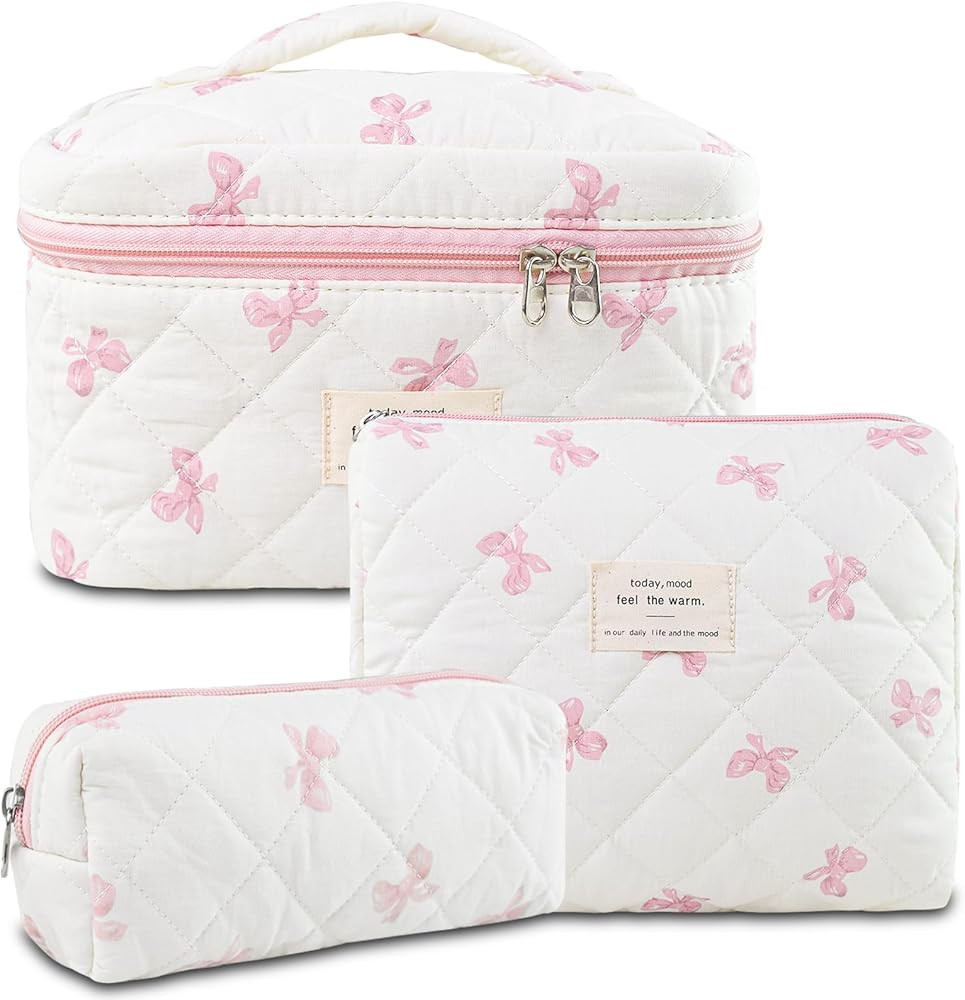 3Pcs Makeup Bag Cotton Quilted Travel Cosmetic Bag Cute Floral Makeup Pouch Large Toiletry Bag fo... | Amazon (US)