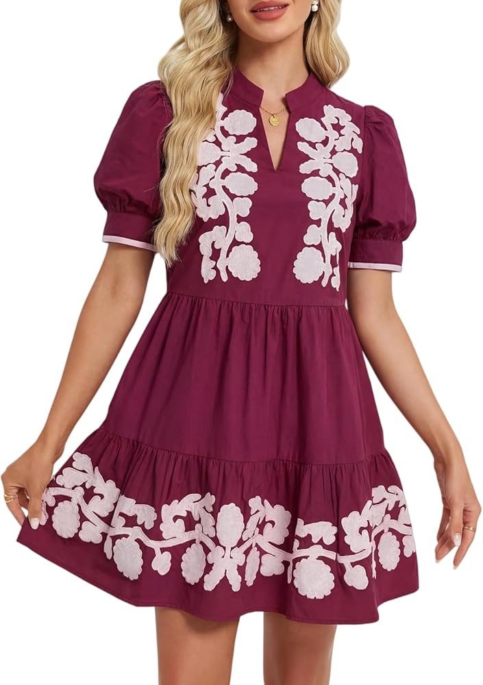 EZAPINE Women Embroidered Dress Summer Puff Short Sleeve Mini Dress V Neck Babydoll Short Dresses | Amazon (US)