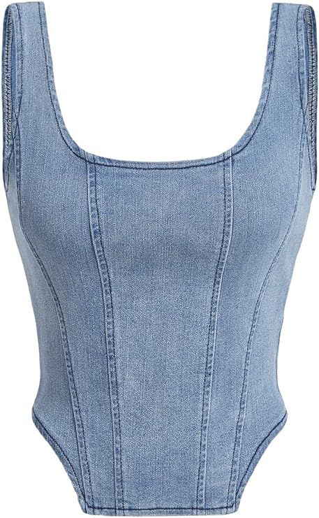 Verdusa Women's Zip Up Back Asymmetrical Scoop Neck Sleeveless Denim Crop Tank Top | Amazon (US)