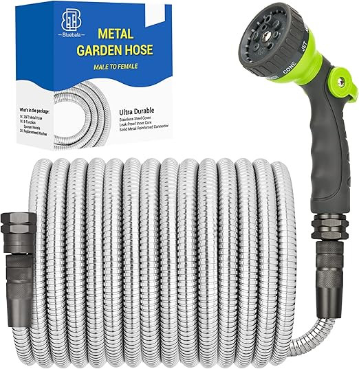 Bluebala Metal Garden Water Hose - Heavy Duty Stainless Steel Water Hose with 8-Mode Spray Nozzle... | Amazon (US)