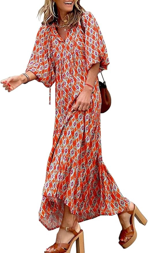 miduo Womens Loose Fit Casual Summer V Neck Half Sleeve Bohemian Geometric Pattern Maxi Long Dres... | Amazon (US)
