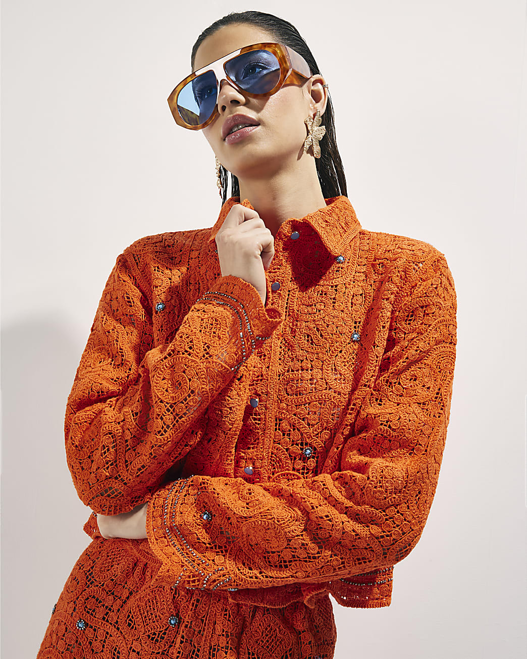 Orange Crochet Long Sleeve Embellished Shirt | River Island UK & IE