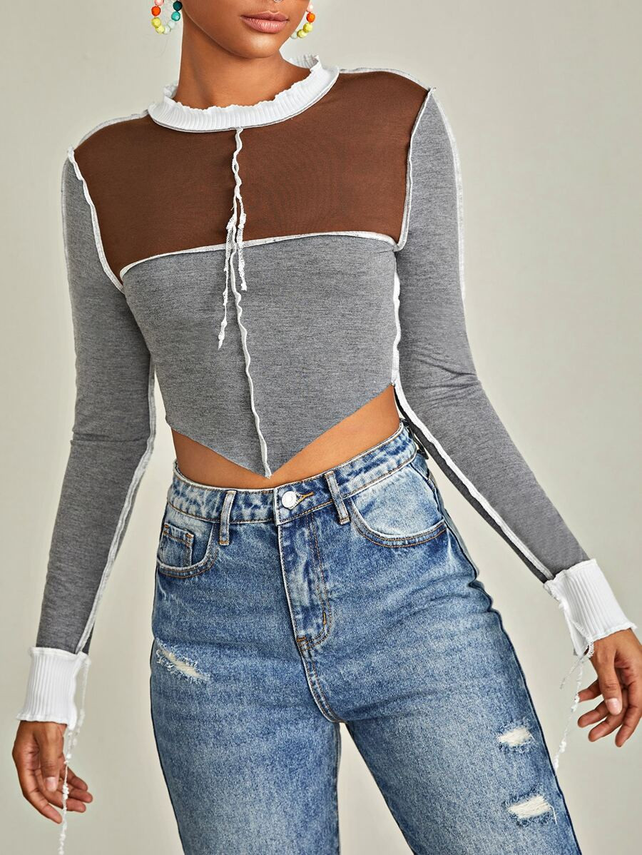 SHEIN Color Block Top-stitching Mock Neck Hanky Hem Tee | SHEIN