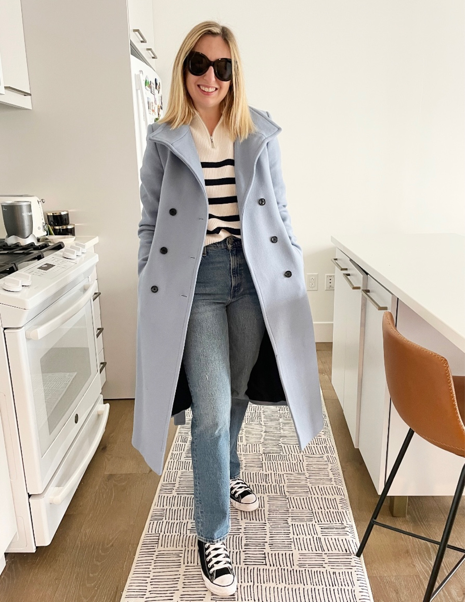 For colder days, you can pair a heavier winter coat with this classic outfit.
•
This light blue is a trendy color right now and I love it for spring!
•
S in sweater from mango
4 in ultra high rise jeans from @abercombieusa 
8.5 in converse from @nordstrom 
Sunglasses from @amazon
S in coat from @mango
•
•
•
•
•
#classicoutfit #casualoutfit #daytoevening #daytoeveninglook #daytonightlook #casualfashion #ootd #officeootd #everydaylook #easyoutfit #easyfashion #classiclook #classicaesthetic #classicfashion #fashion #style #styleinspo #everydayfashion #easylook #comfyoutfit #casual #classicootd #casualootd #casuallook #casualstyle #winterlook #winteroutfit #springlook 