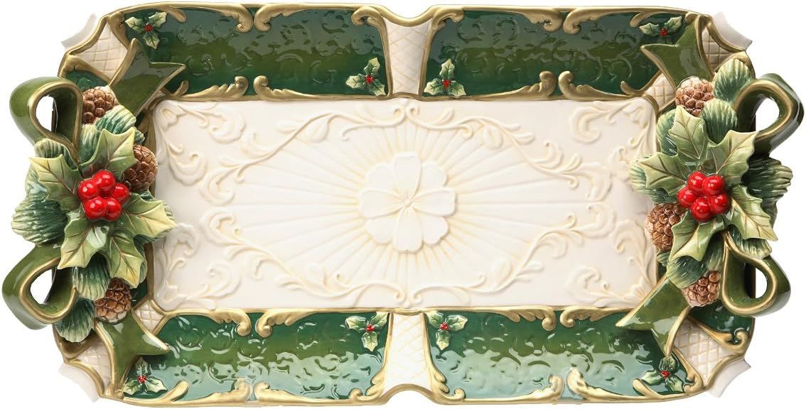 Fine Ceramic Hand Painted Christmas Holidays Green Holly Red Berry Rectangular Serving Platter Tr... | Amazon (US)