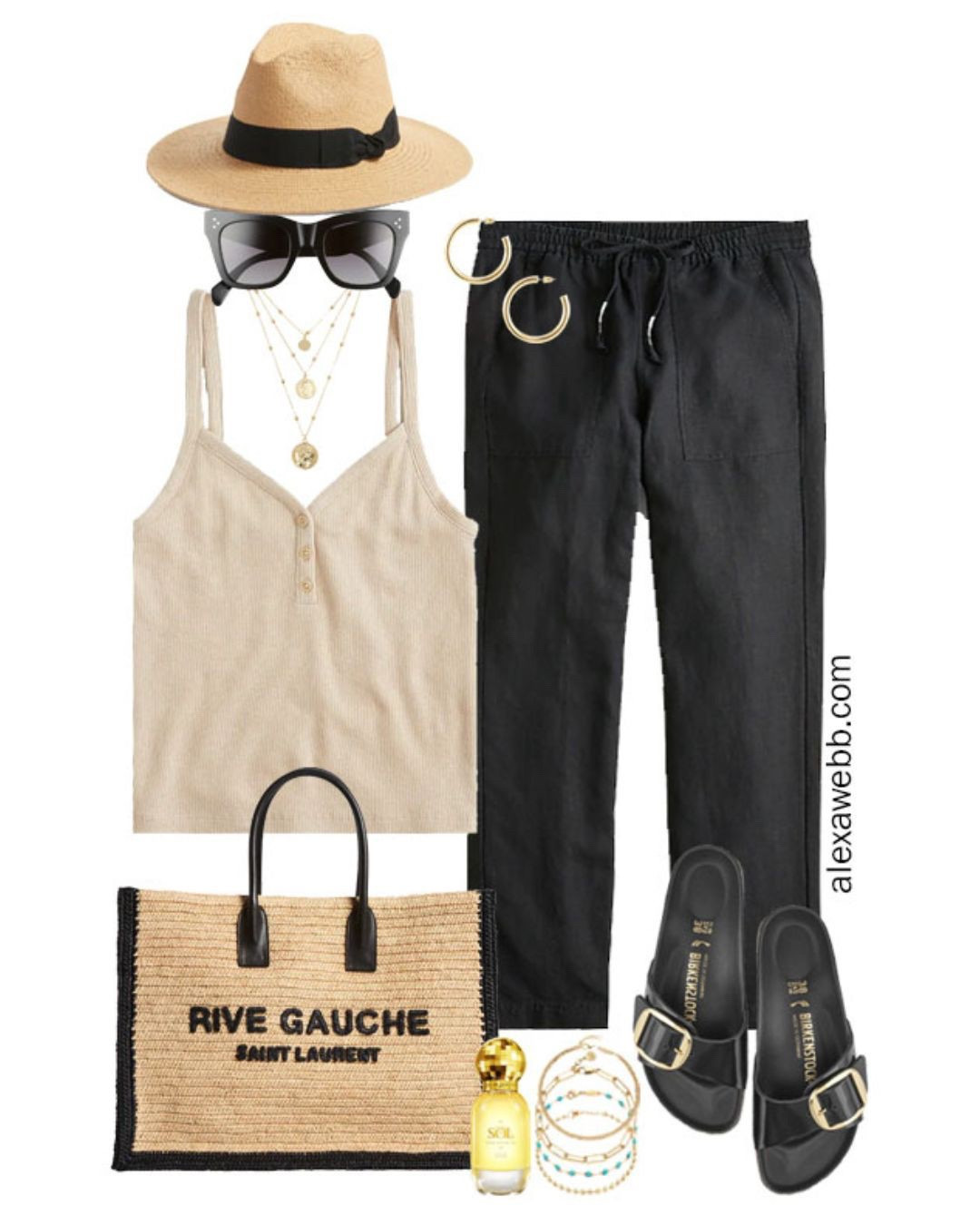 Plus Size Black Linen Pants Outfits - Plus size outfit for hot weather with plus size linen pants to keep cool in! A neutral basic tank top, Birkenstock sandals, and a straw fedora. Alexa Webb

#LTKSeasonal #LTKStyleTip #LTKPlusSize
