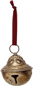 Creative Co-Op Embossed Metal Sleigh Bell with Velvet Ribbon, Gold | Amazon (US)