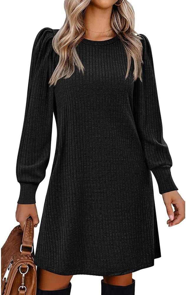 Zeagoo Women's Knit Dress with Puff Sleeves for Fall & Winter - Round Neck Casual Tunic Dress | Amazon (US)