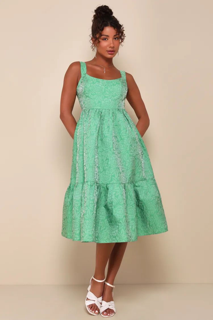 Spanish Getaway Green Floral Lace-Up Midi Dress With Pockets | Lulus