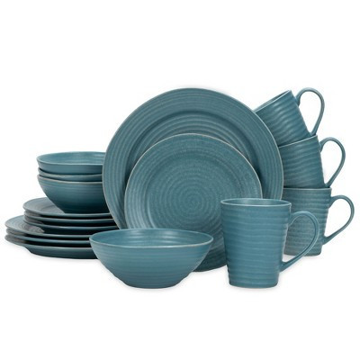 Elanze Designs Chic Ribbed Modern Thrown Pottery Look Ceramic Stoneware Plate Mug & Bowl Kitchen Dinnerware 16 Piece Set - Service for 4, Turquoise | Target