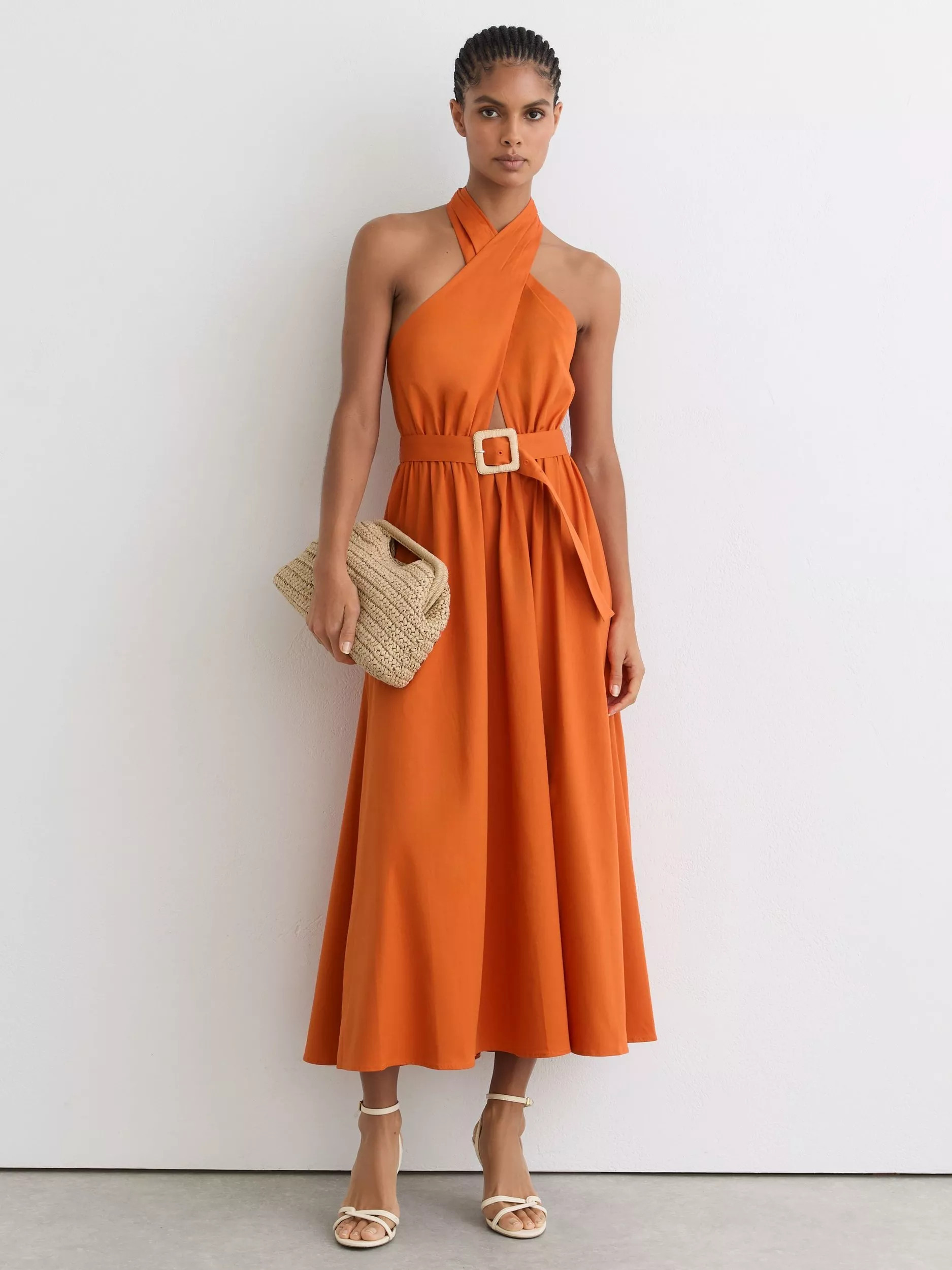 Reiss Rowe Halterneck Midi Dress, Orange | John Lewis (UK)