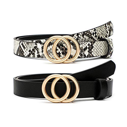 MORELESS 2 Pack Thin Belts for Women Jeans Dress Skinny Waist Belt with Gold Buckle Black Snakeskin Large | Amazon (US)