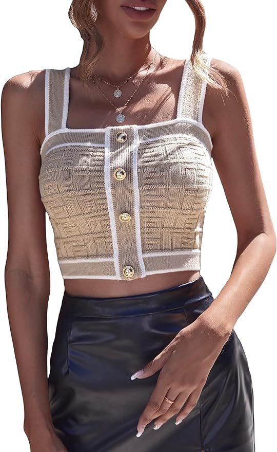 GORGLITTER Women's Knit Tank Top Button Front Square Neck Sleeveless Ribbed Crop Tops | Amazon (US)