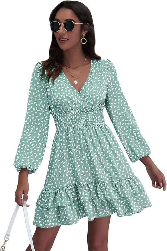 Floerns Women's Floral A Line Wrap V Neck Long Sleeve Ruffle Dress | Amazon (US)