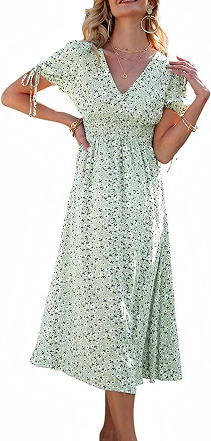 GRACEVINES Women’s Summer v Neck Floral Midi Dress a Line High Waist Ruffle Swing Boho Sundress | Amazon (US)