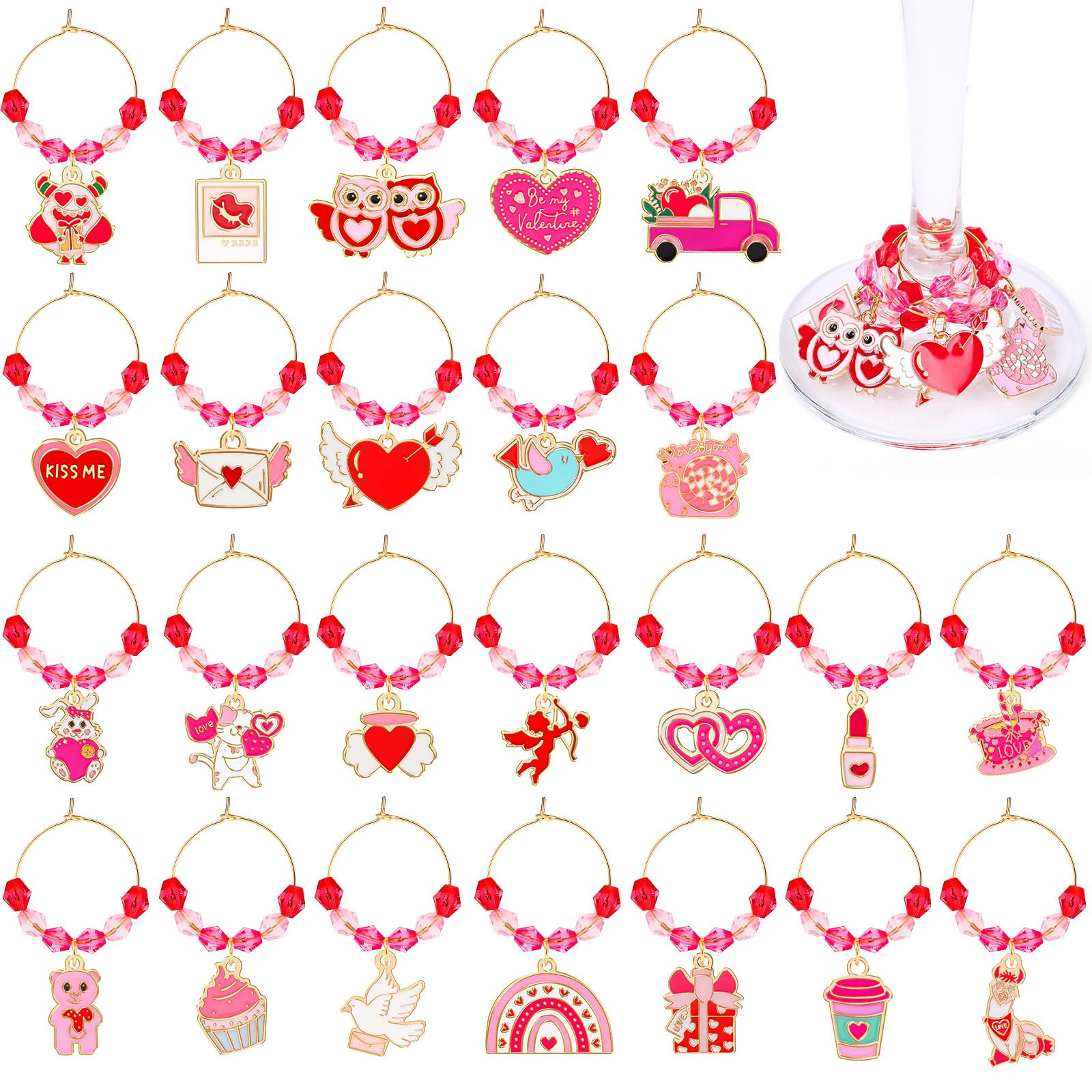 JUNEBRUSHS 24pc Valentine's Day Wine Charms - Glass Charms for Stem Glasses, Drink Markers for Va... | Amazon (US)