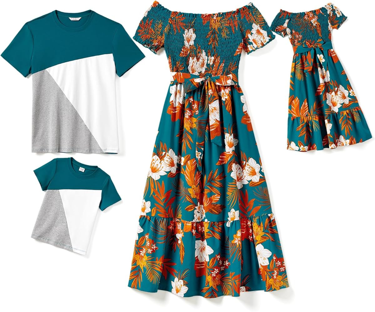 PATPAT Family Matching Outfits Boho Floral Print Square Neck Puff Sleeve Smocked Dress and Short ... | Amazon (US)