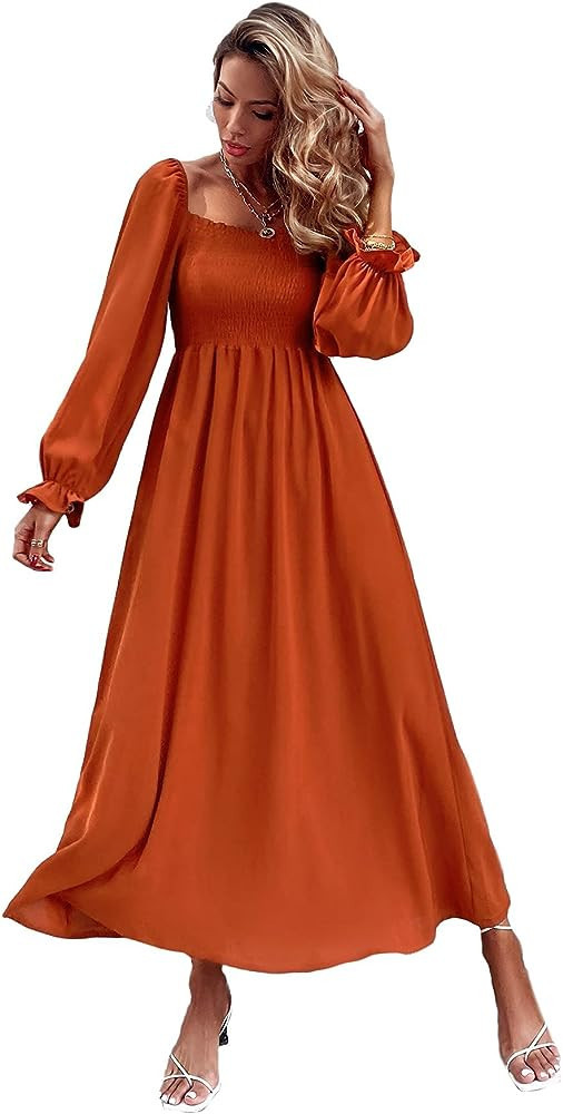 Women's Boho Square Neck Smocked Dress Long Sleeve Maxi Dress Outfit Fall Maxi Dress Fall Amazon | Amazon (US)