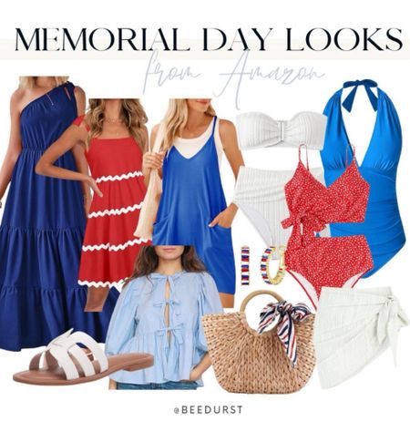 Memorial Day weekend outfits! Memorial Day looks from Amazon, Red White and Blue outfits, patriotic outfits, red swimsuit, white cover up, Memorial Day swimsuit, swimsuit coverup, summer outfit, Amazon swimsuits, sandals, vacation outfit, swimwear looks for vacation, resort wear, sunglasses, spring outfit, straw bags, affordable amazon vacation look, Miami outfit, spring beach vacation look, lake look, beach sandals, spring sandals, summer sandals

#LTKStyleTip #LTKFindsUnder50 #LTKSwim